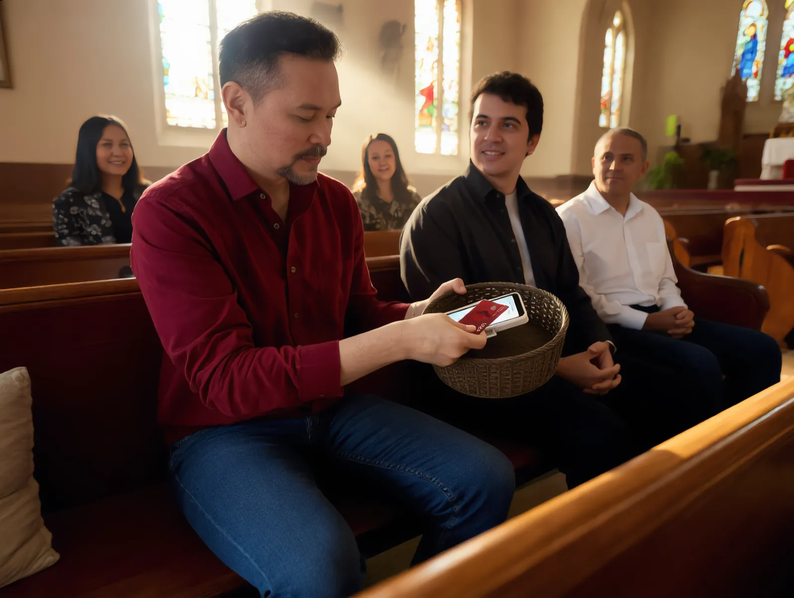 A donor in a pew tapping a card on the Quick Tap in a pass-around basket