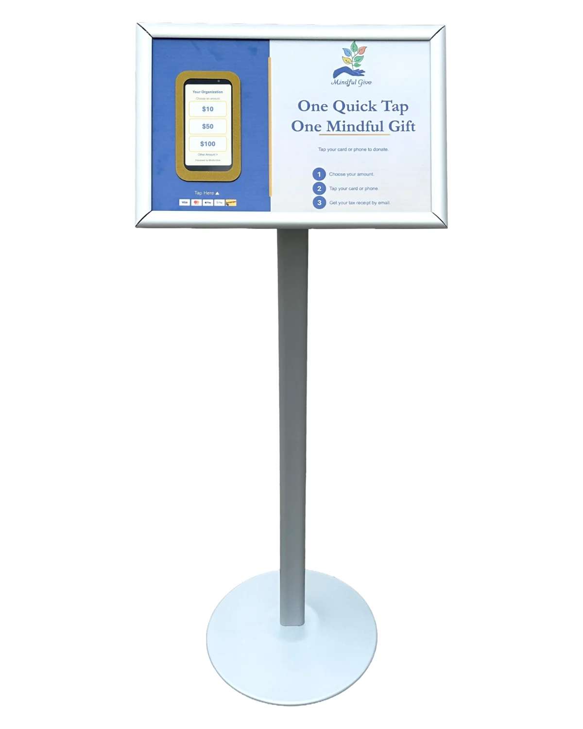 A Quick Tap door kiosk: a stand with a board that reads One Quick Tap, One Mindful Gift, and the Quick Tap showing $10, $50 and $100