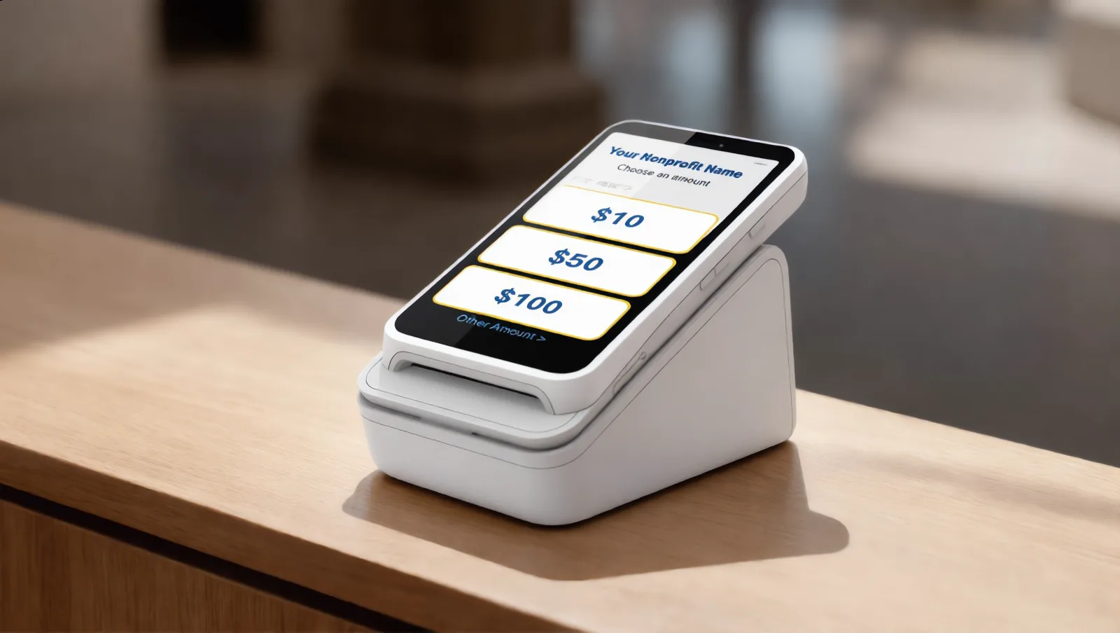 A Quick Tap terminal on a wooden counter, showing $10 / $50 / $100 buttons