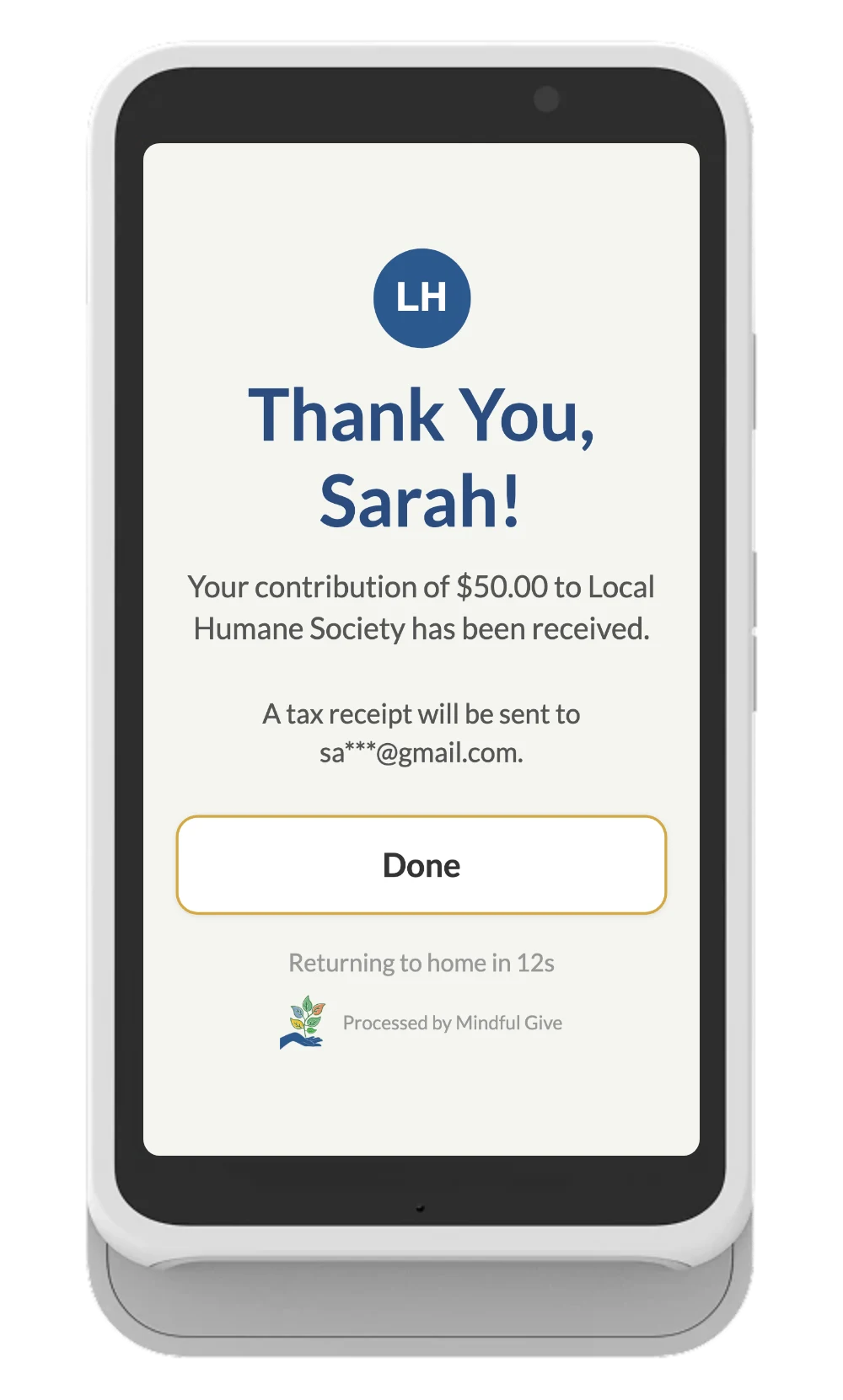 A Quick Tap showing its thank-you screen: Thank You, Sarah! Your contribution of $50.00 to Local Humane Society has been received.
