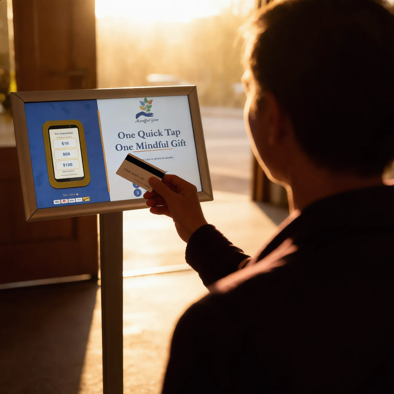 A donor tapping a Quick Tap kiosk near a doorway