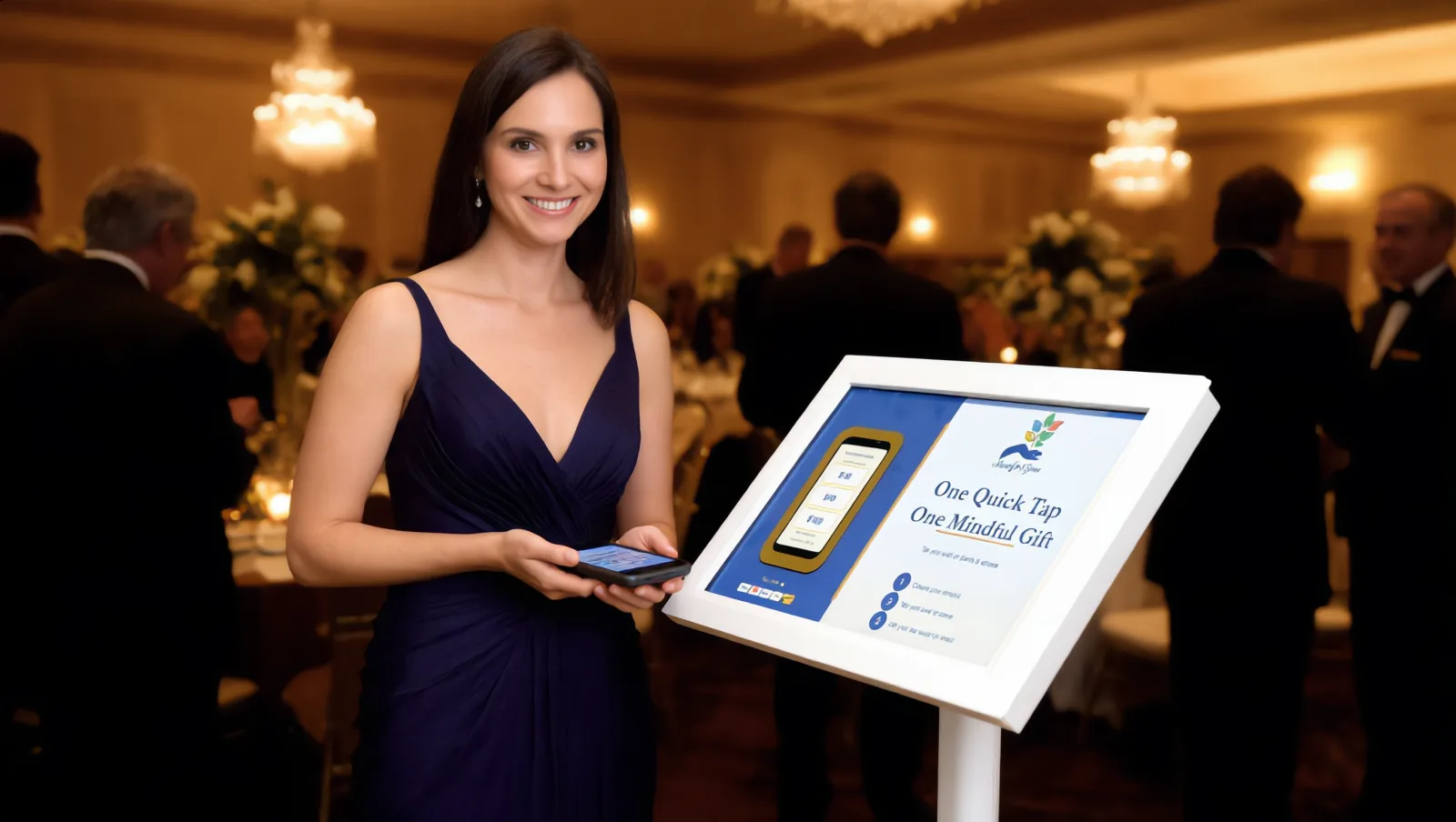 A gala guest beside a Quick Tap kiosk