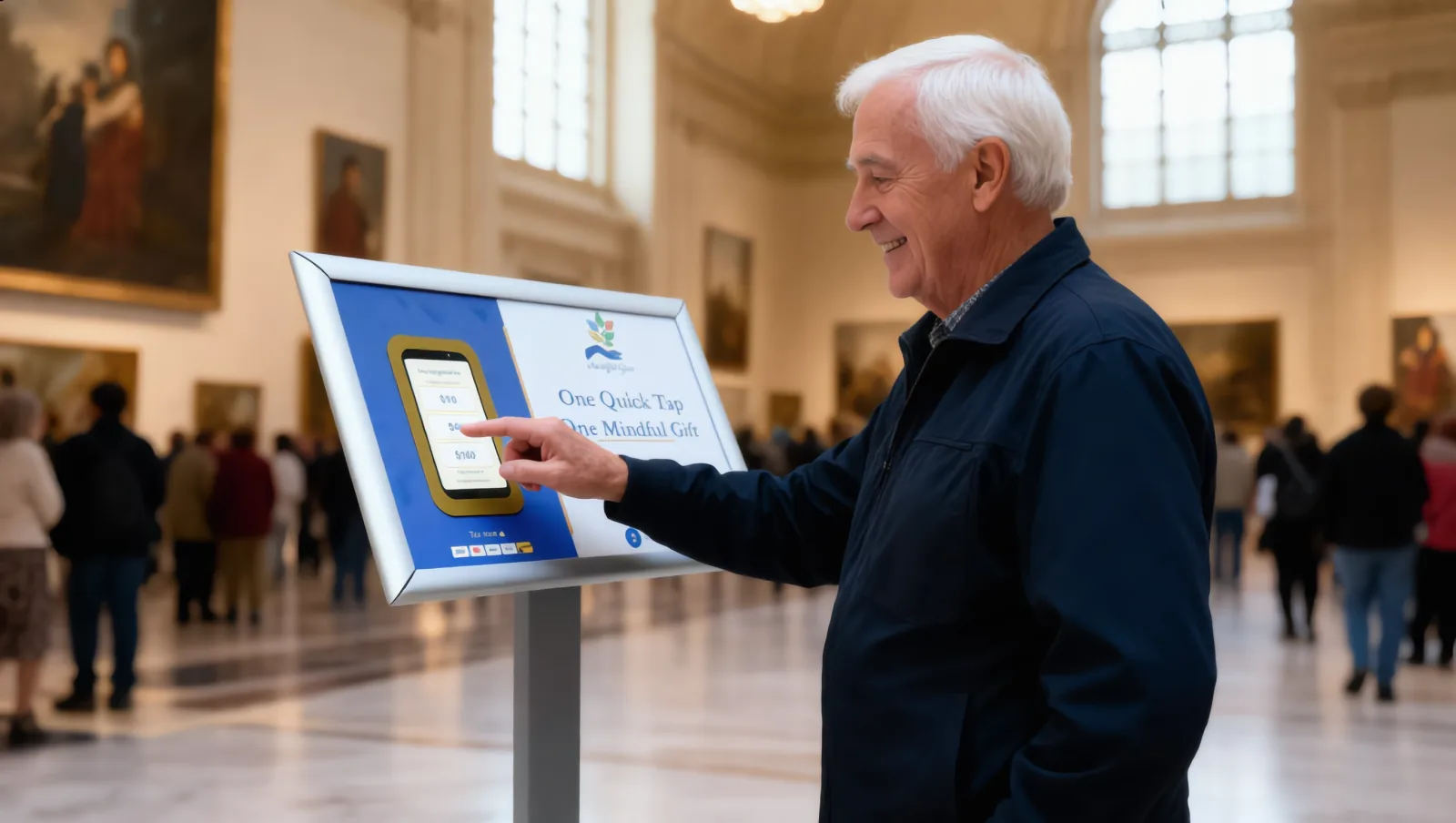 A gallery visitor tapping a Quick Tap kiosk