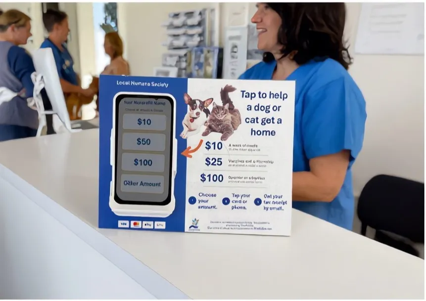 A humane society tabletop on a veterinary reception counter