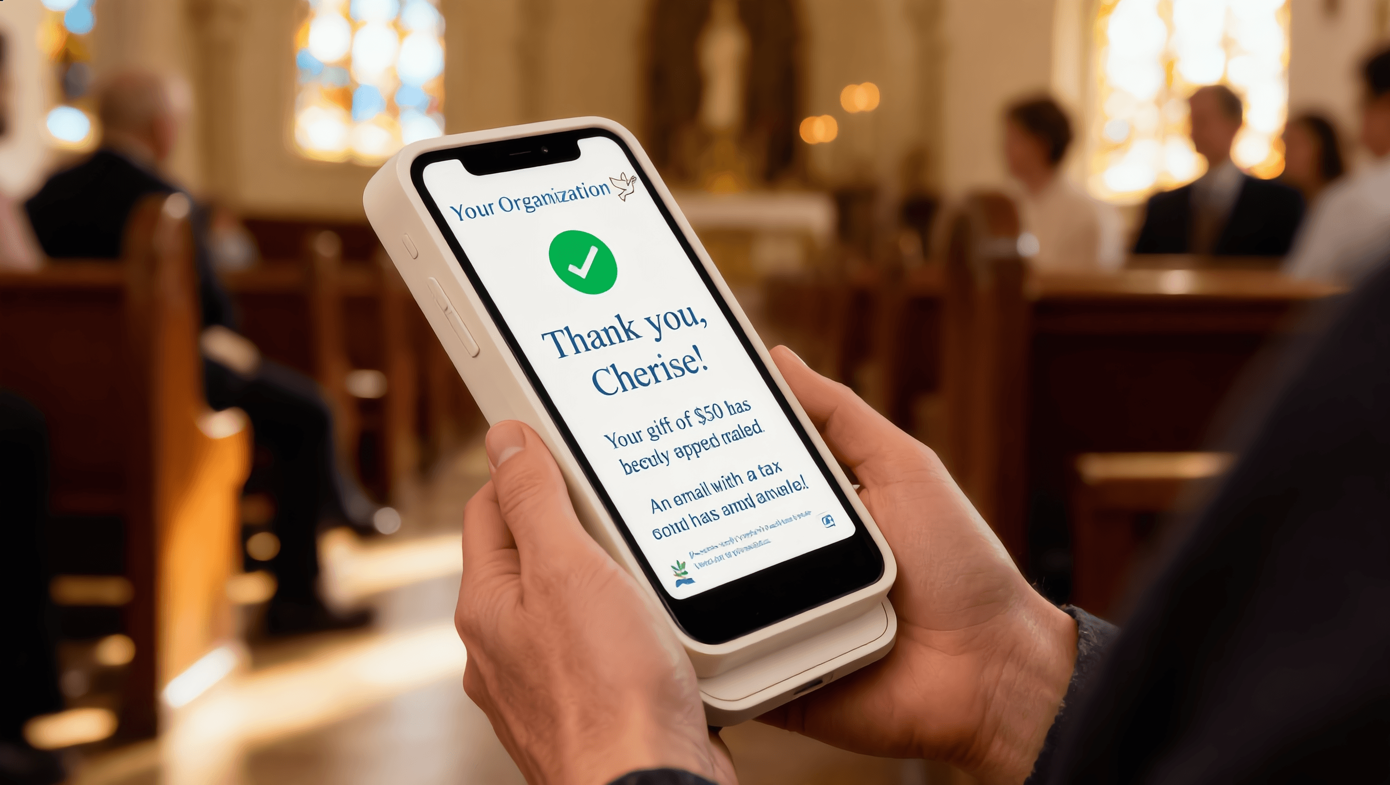 A donor's hands holding a Quick Tap terminal in a sunlit church, the screen showing a green checkmark and 'Thank you, Cherise!'